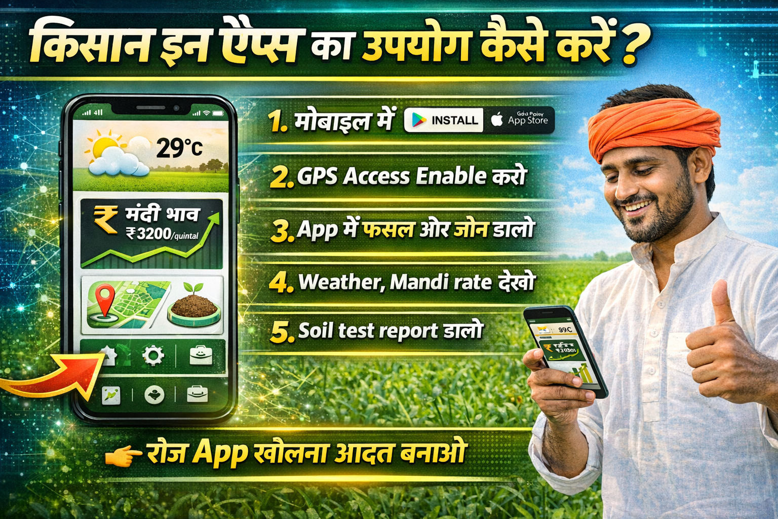 किसानों के लिए डिजिटल खेती ऐप्स 2026 – पूरी जानकारी (Best Apps, Features, Benefits) Name Main Feature Best For Price WeatherOne Advanced Weather Forecast Weather tracking Free eNAM National Agri Market Prices Market rates Free Kisan Suvidha Crop advisory + Weather General farming Free Damini Lightning & Weather Alerts Weather alerts Free Soil Health App Soil testing & nutrients Soil analysis Free/Paid Plantix Pest/Disease diagnosis Crop health Free Krishi Jagran Agriculture news & tips Learning Free AgriApp Crop calendar & tips Crop planning Freemium